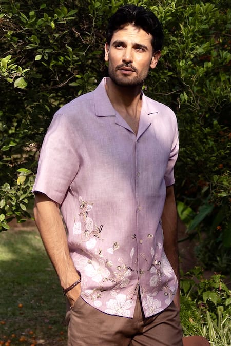 Buy_Asuka_Purple Linen Embroidery Ombre Lavender Shirt _Online_at_Aza_Fashions