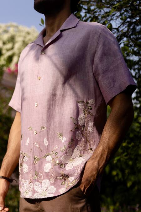 Shop_Asuka_Purple Linen Embroidery Ombre Lavender Shirt _Online_at_Aza_Fashions