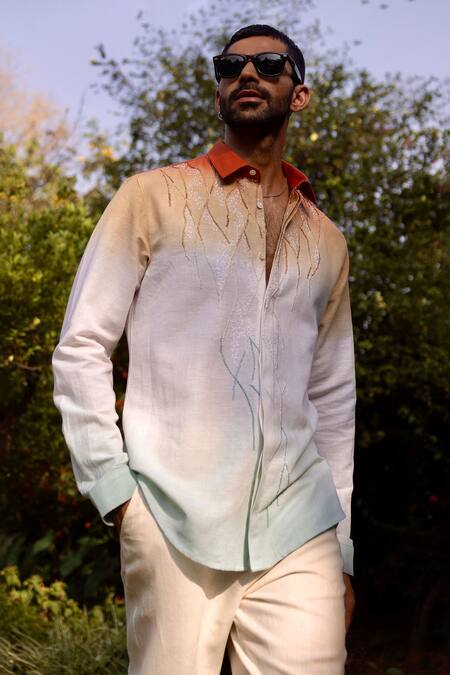 Asuka_Multi Color Linen Embroidery Ombre Dyed Hand Shirt _Online_at_Aza_Fashions