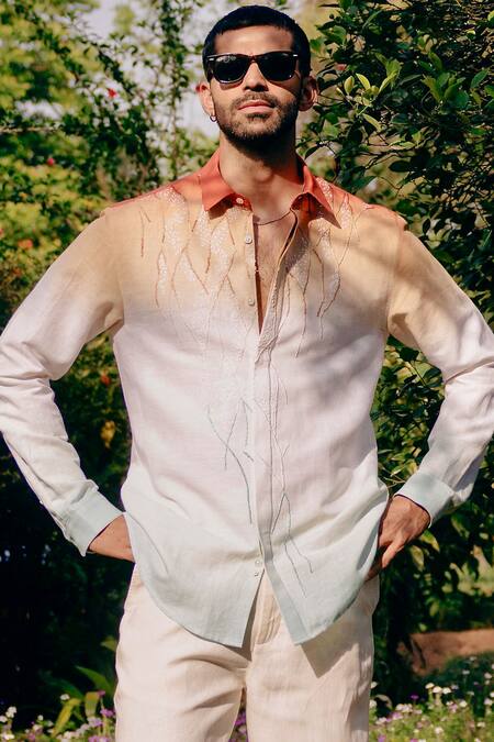 Shop_Asuka_Multi Color Linen Embroidery Ombre Dyed Hand Shirt _Online_at_Aza_Fashions
