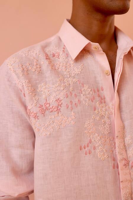 Asuka_Pink Linen Embroidery Whisper Rose Shirt _Online_at_Aza_Fashions