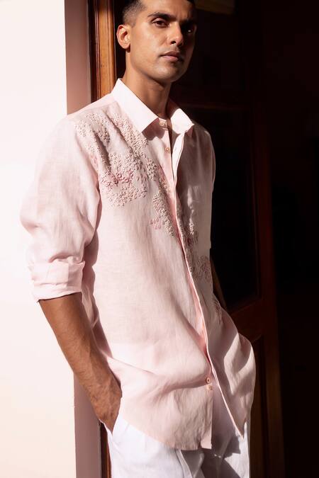 Buy_Asuka_Pink Linen Embroidery Whisper Rose Shirt _Online_at_Aza_Fashions