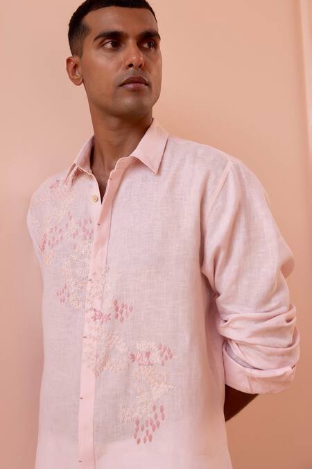 Shop_Asuka_Pink Linen Embroidery Whisper Rose Shirt _Online_at_Aza_Fashions