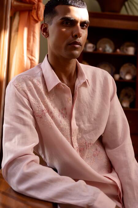 Asuka_Pink Linen Embroidery Whisper Rose Shirt _at_Aza_Fashions
