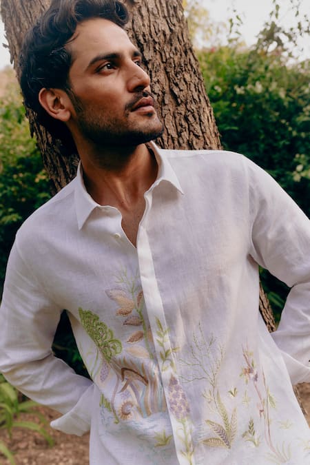 Asuka_White Linen Embroidery Verdant Realm Shirt _Online_at_Aza_Fashions