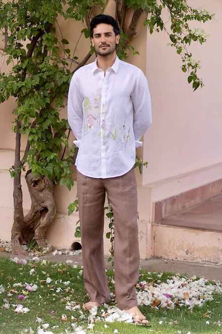 Shop_Asuka_White Linen Embroidery Verdant Realm Shirt _Online_at_Aza_Fashions