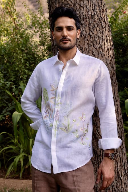 Asuka_White Linen Embroidery Verdant Realm Shirt _at_Aza_Fashions