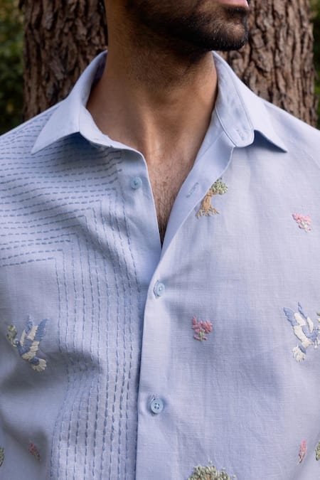 Asuka_Blue Linen Embroidery Whispering Trees Shirt _Online_at_Aza_Fashions