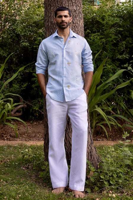 Buy_Asuka_Blue Linen Embroidery Whispering Trees Shirt _Online_at_Aza_Fashions