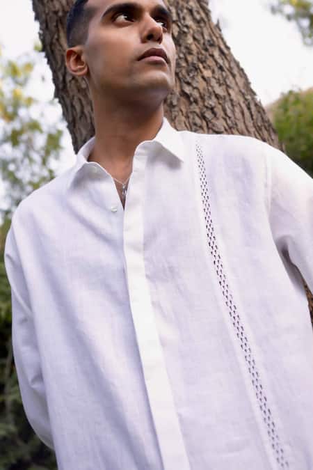 Asuka_White Linen Embroidery Dusk Geometry Shirt _Online_at_Aza_Fashions