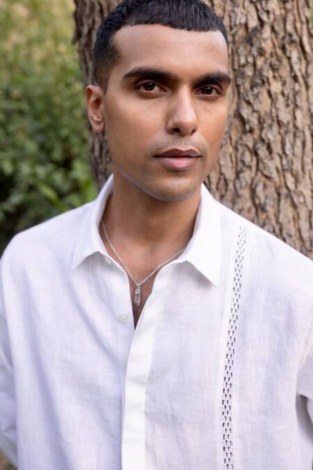 Buy_Asuka_White Linen Embroidery Dusk Geometry Shirt _Online_at_Aza_Fashions