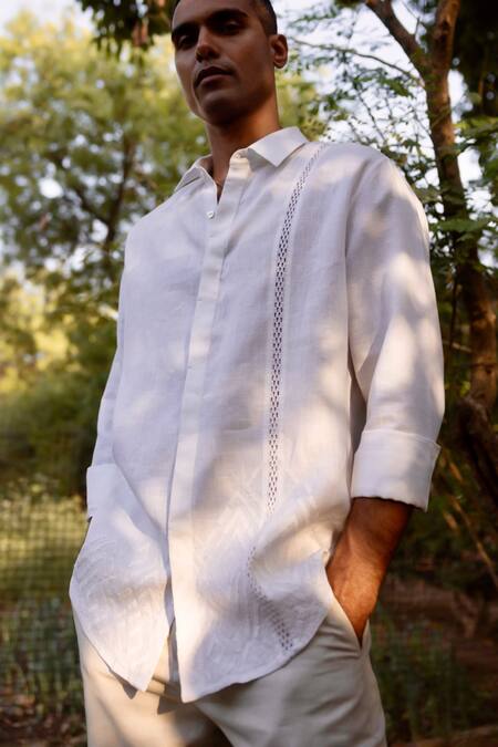 Shop_Asuka_White Linen Embroidery Dusk Geometry Shirt _Online_at_Aza_Fashions