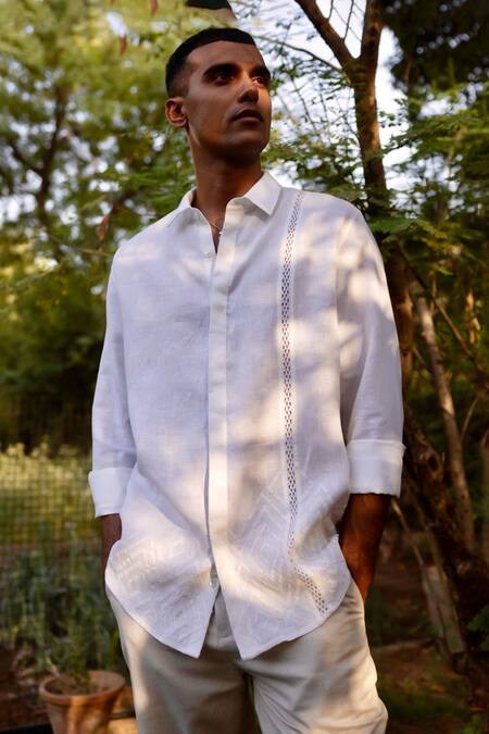 Asuka_White Linen Embroidery Dusk Geometry Shirt _at_Aza_Fashions