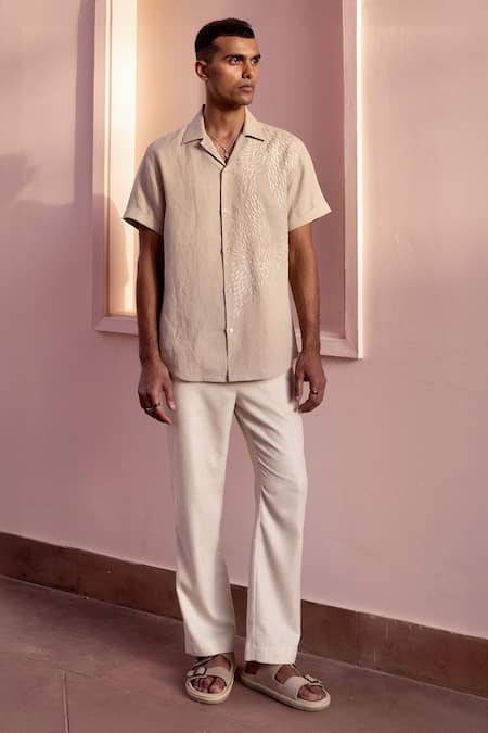 Asuka_Beige Linen Embroidery Sand Echo Shirt _Online_at_Aza_Fashions