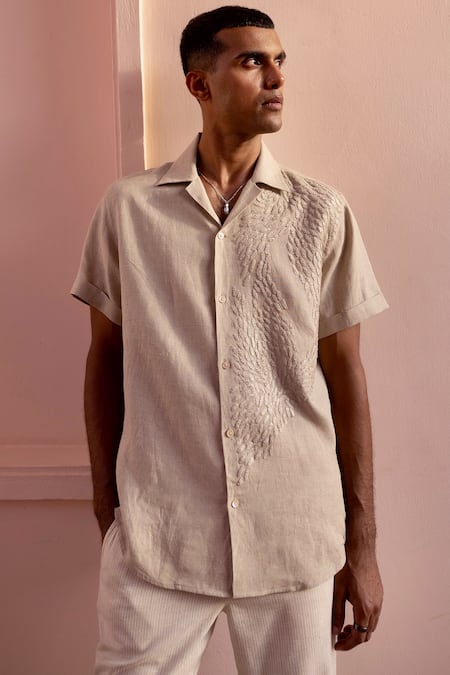 Asuka Beige Linen Embroidery Sand Echo Shirt 