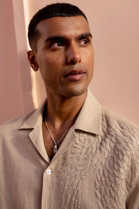 Buy_Asuka_Beige Linen Embroidery Sand Echo Shirt _Online_at_Aza_Fashions