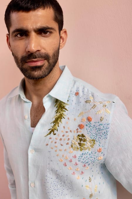 Asuka_Blue Linen Embroidery Shirt _Online_at_Aza_Fashions