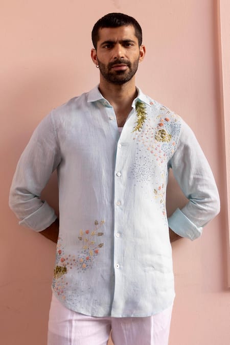 Buy_Asuka_Blue Linen Embroidery Shirt _Online_at_Aza_Fashions
