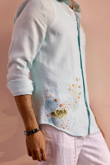 Shop_Asuka_Blue Linen Embroidery Shirt _Online_at_Aza_Fashions