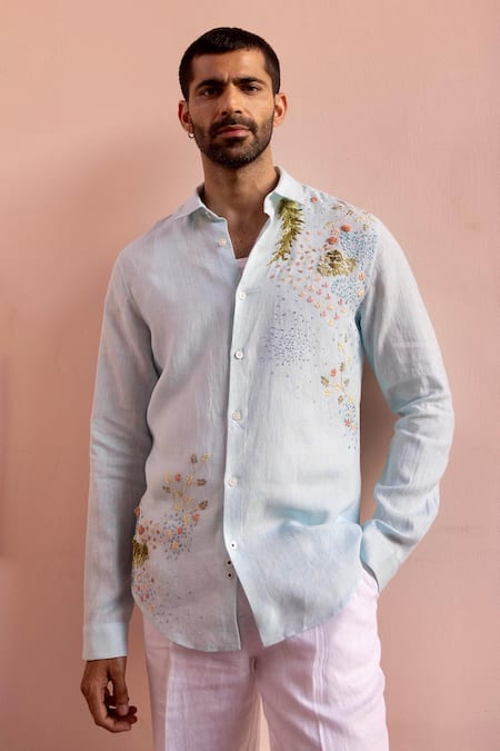 Asuka Blue Linen Embroidery Shirt 