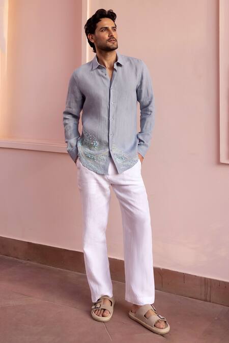 Asuka_Blue Linen Embroidery Tidal Drift Shirt _Online_at_Aza_Fashions