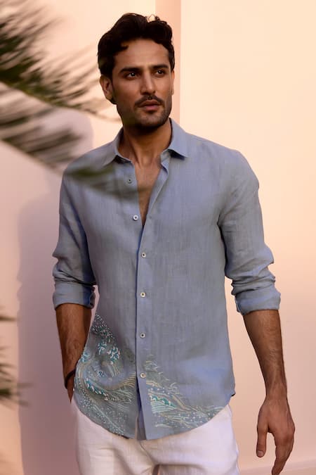 Asuka Blue Linen Embroidery Tidal Drift Shirt 