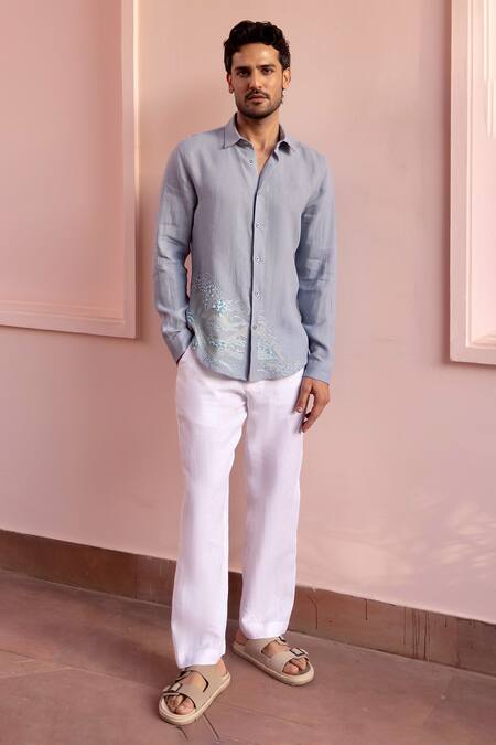 Buy_Asuka_Blue Linen Embroidery Tidal Drift Shirt _Online_at_Aza_Fashions