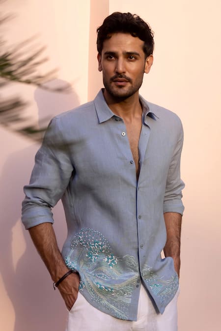 Shop_Asuka_Blue Linen Embroidery Tidal Drift Shirt _Online_at_Aza_Fashions