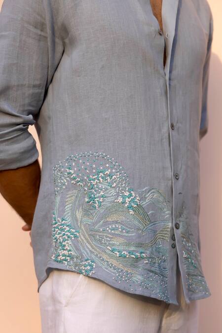 Asuka_Blue Linen Embroidery Tidal Drift Shirt _at_Aza_Fashions