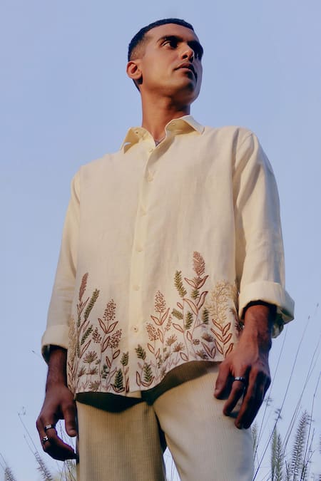 Asuka_Cream Linen Embroidery Herbarium Sketch Shirt _Online_at_Aza_Fashions