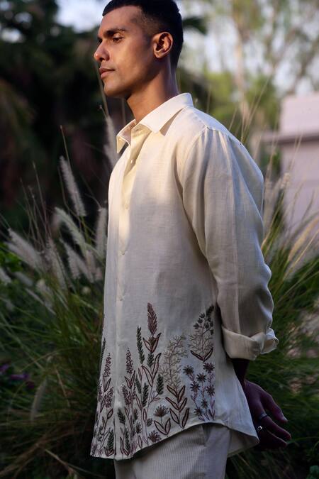 Buy_Asuka_Cream Linen Embroidery Herbarium Sketch Shirt _Online_at_Aza_Fashions