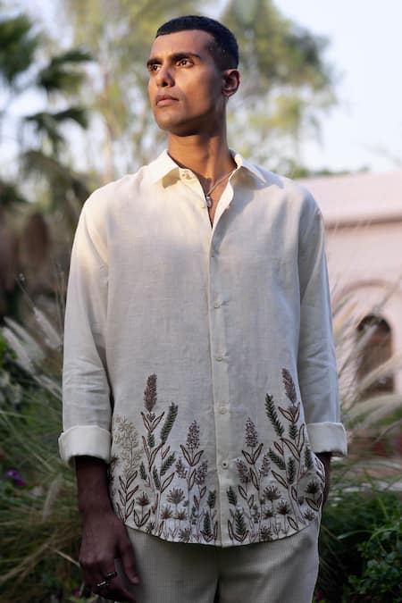 Asuka Cream Linen Embroidery Herbarium Sketch Shirt 