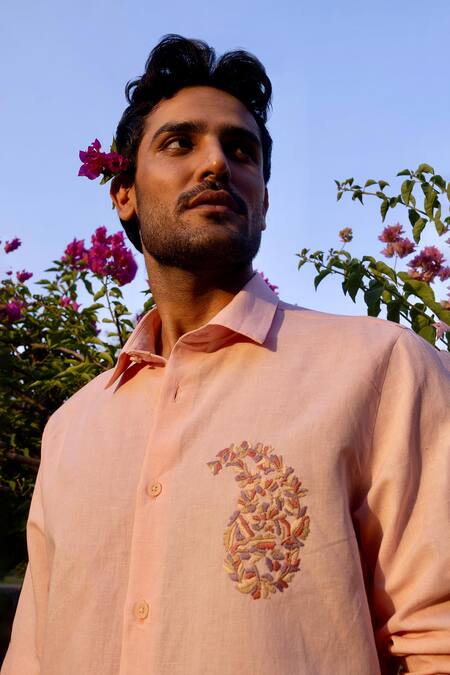 Asuka_Peach Linen Embroidery Blush Paisley Shirt _Online_at_Aza_Fashions
