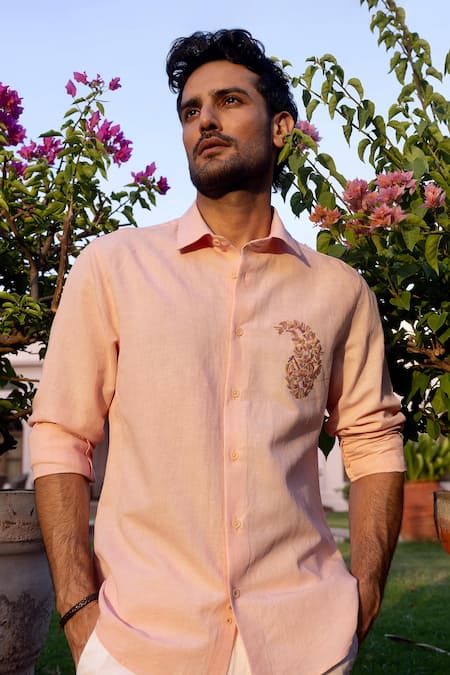 Buy_Asuka_Peach Linen Embroidery Blush Paisley Shirt _Online_at_Aza_Fashions