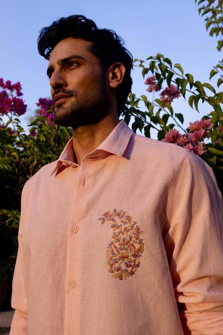 Shop_Asuka_Peach Linen Embroidery Blush Paisley Shirt _Online_at_Aza_Fashions