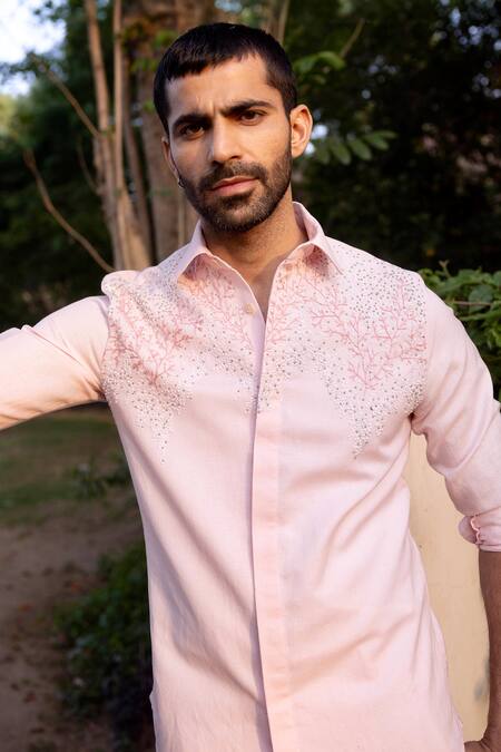 Asuka_Pink Linen Beads Coral Bloom Embroidered Shirt _Online_at_Aza_Fashions