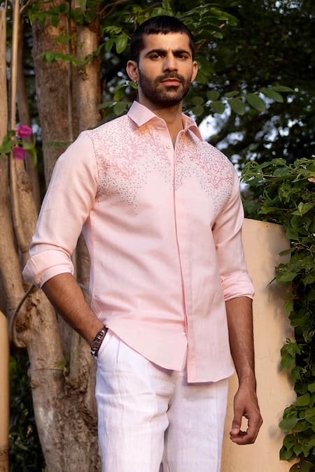 Asuka Pink Linen Beads Coral Bloom Embroidered Shirt 