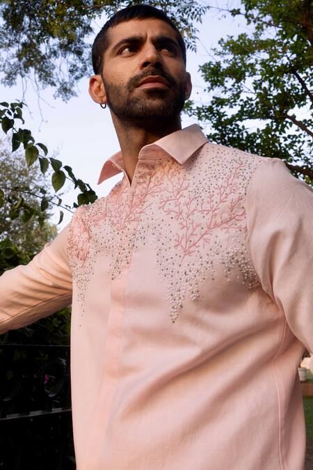 Buy_Asuka_Pink Linen Beads Coral Bloom Embroidered Shirt _Online_at_Aza_Fashions