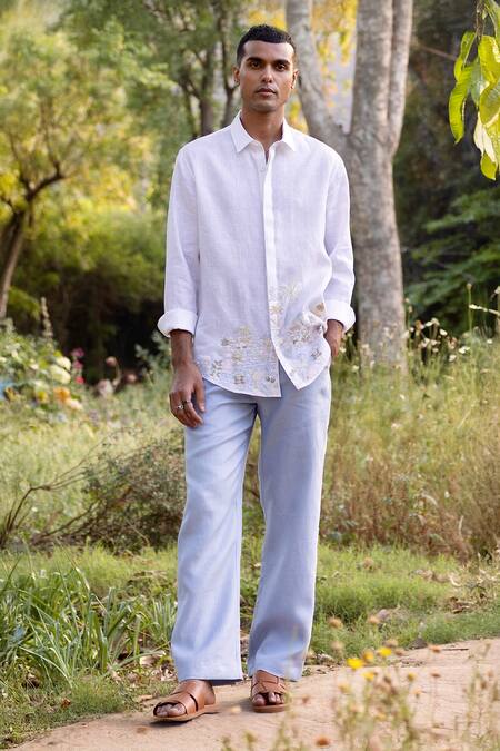Shop_Asuka_White Linen Embroidery Oasis Hem Shirt _Online_at_Aza_Fashions
