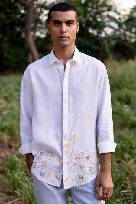 Asuka_White Linen Embroidery Oasis Hem Shirt _at_Aza_Fashions