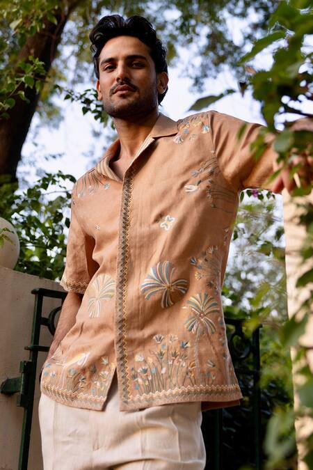 Asuka_Brown Linen Embroidery Terracotta Mirage Shirt _Online_at_Aza_Fashions