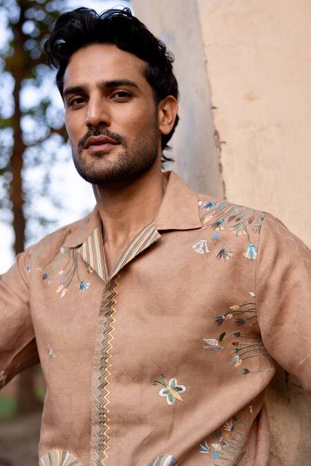 Buy_Asuka_Brown Linen Embroidery Terracotta Mirage Shirt _Online_at_Aza_Fashions