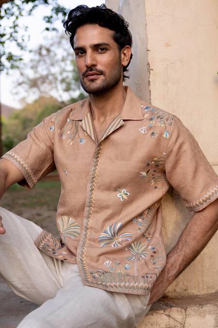 Shop_Asuka_Brown Linen Embroidery Terracotta Mirage Shirt _Online_at_Aza_Fashions