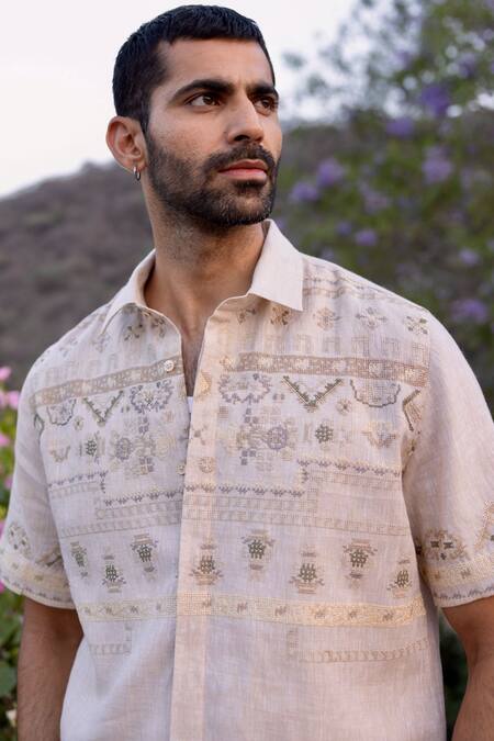 Shop_Asuka_Beige Chinon Embroidery Nomadic Tapestry Shirt _Online_at_Aza_Fashions
