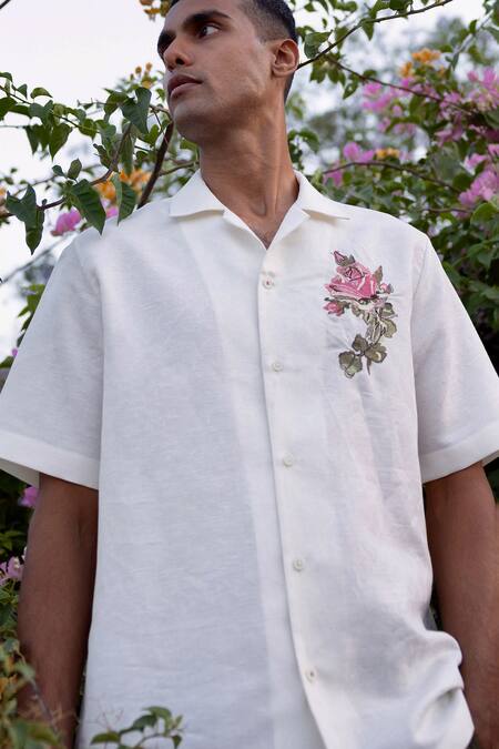 Asuka_White Linen Embroidery Cuban-collar Shirt _Online_at_Aza_Fashions