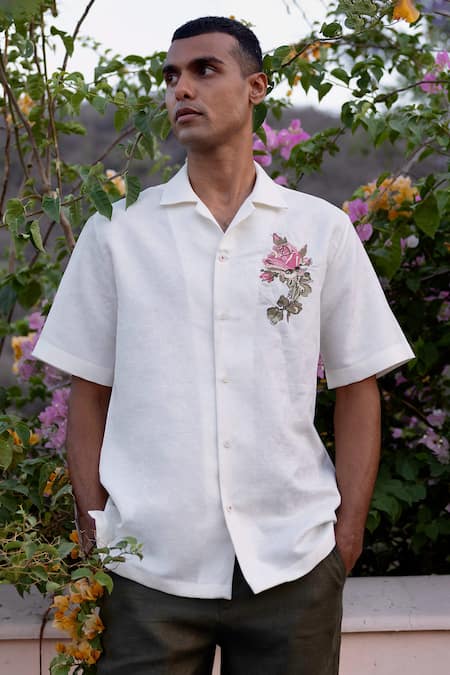 Asuka White Linen Embroidery Cuban-collar Shirt