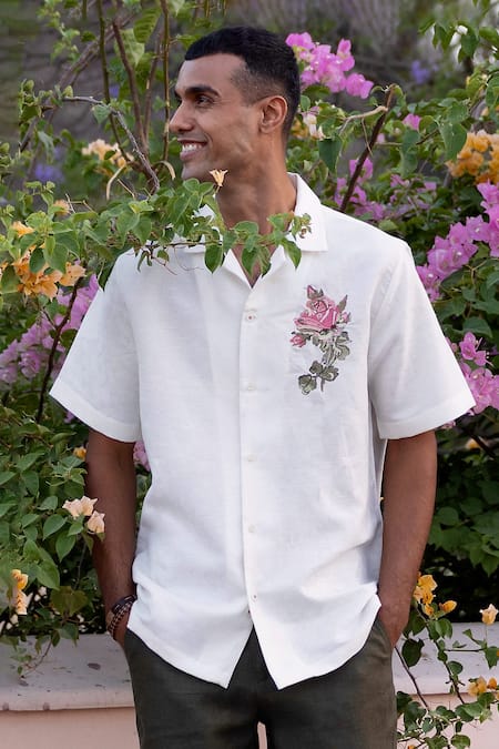 Asuka Cuban-Collar Linen Embroidered Shirt 