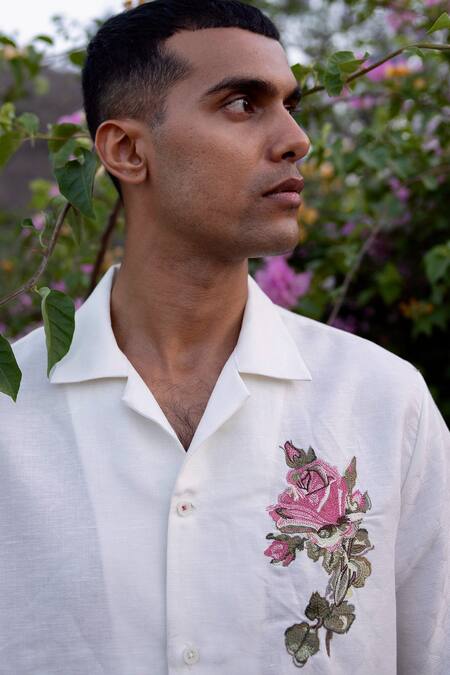Buy_Asuka_White Linen Embroidery Cuban-collar Shirt _Online_at_Aza_Fashions