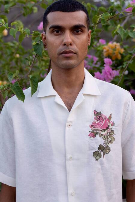 Shop_Asuka_White Linen Embroidery Cuban-collar Shirt _Online_at_Aza_Fashions