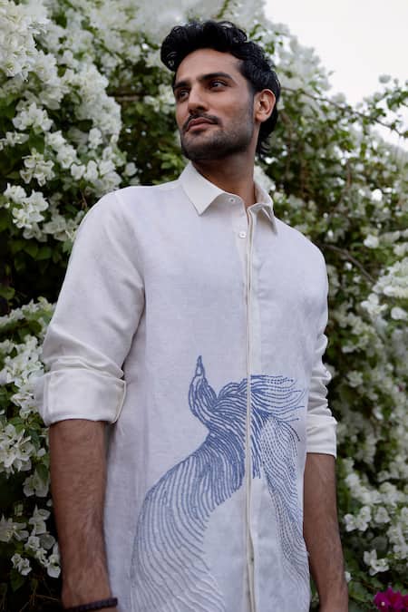 Asuka_White Linen Embroidery Skyward Grace Shirt _Online_at_Aza_Fashions